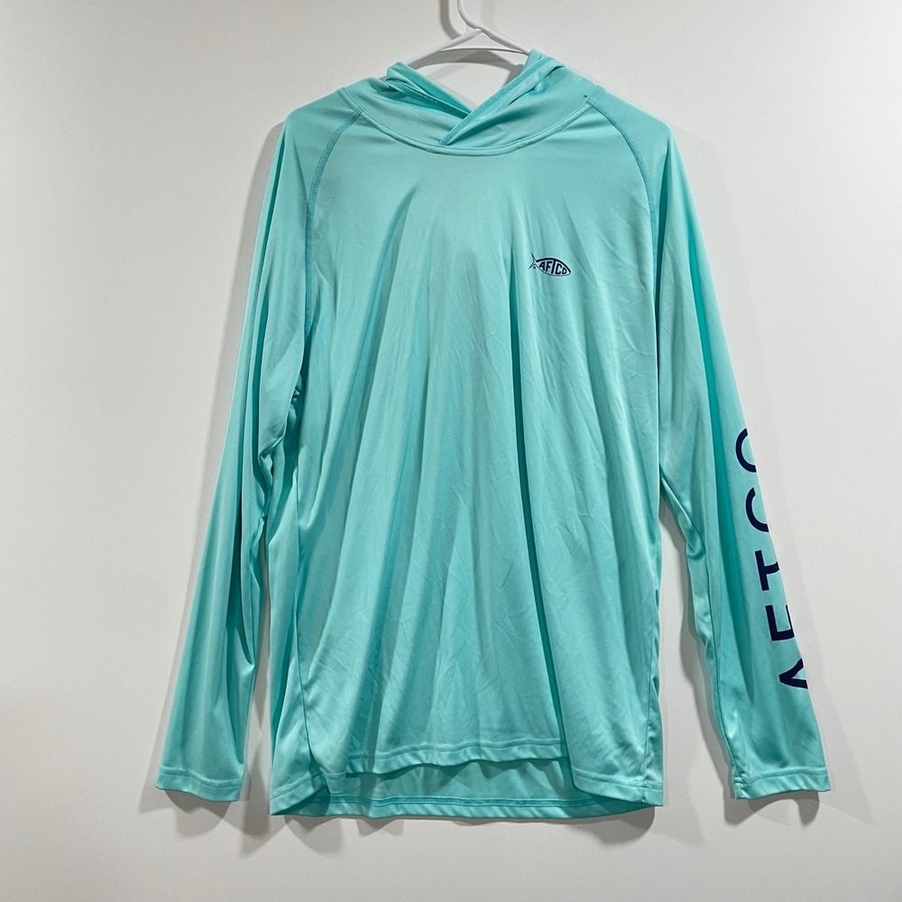 AFTCO AFTECH Mens Large Aqua Blue Fishing Sun Hoodie Performance Shirt LS